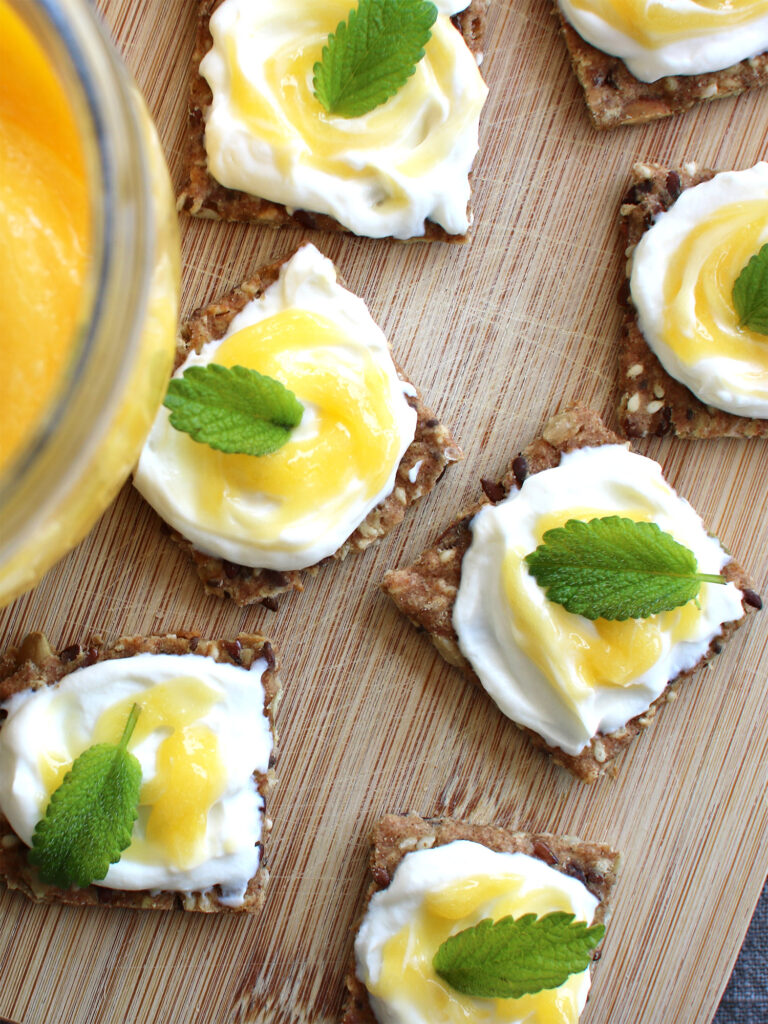 Multi-seed crackers with whipped ricotta and lemon curd