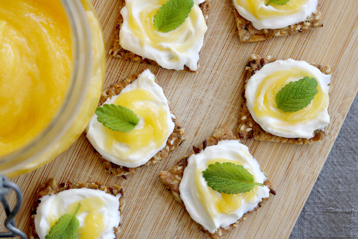 Multi-seed crackers with whipped ricotta and lemon curd