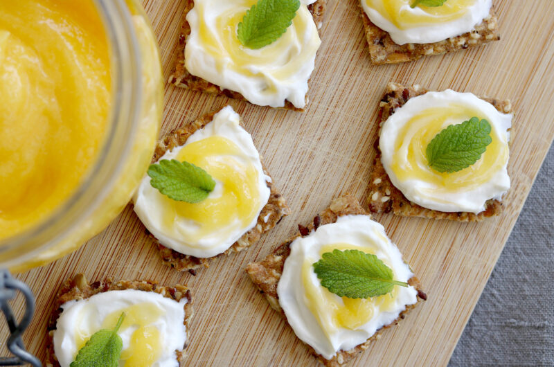 Multi-seed crackers with whipped ricotta and lemon curd
