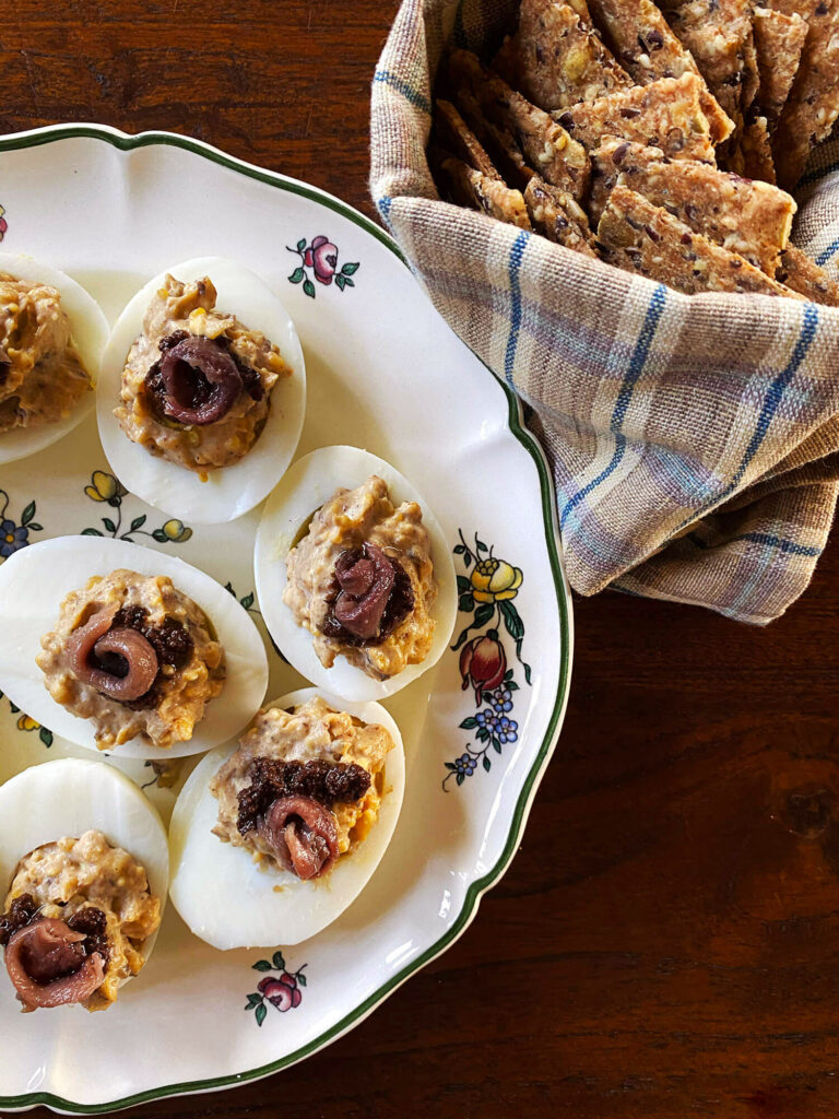 Deviled eggs with anchovy and tapenade - Recipe - 2 Hungry Birds